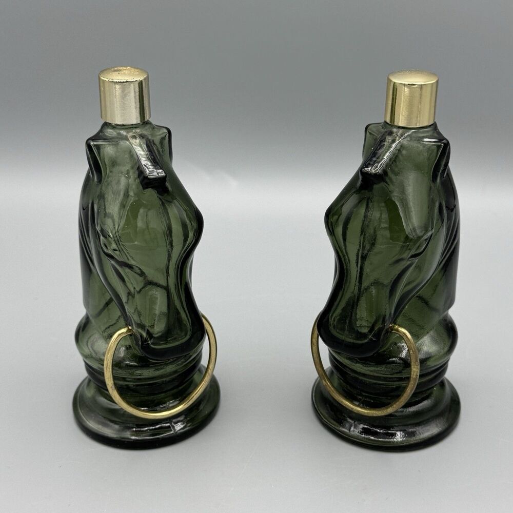 Vtg EMPTY Avon Pair Horse Heads Cologne Bottle 6” H Green Gold Tone Mouth Rings